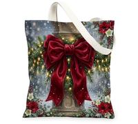 Festive Red Bow And Winter Wreath Christmas Canvas Tote Bag 13x15 Inch | Red Bow Wreath, Winter Pine Branches, Blooming Amaryllis, Snow-dusted Atmosphere, Festive Seasonal Aesthetic