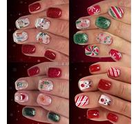 Festive Red Green Glitters Fake Nails Short Square Press On Nails 96Pcs Christmas Snowflakes Reindeer Design Manicure Snowflake Reindeer Fake Nail
