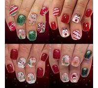 Festive Red Green Glitters Fake Nails Short Square Press On Nails 96Pcs Christmas Snowflakes Reindeer Design Manicure Snowflake Reindeer Fake Nail