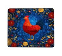 Festive Red Rooster Mouse Pad, Colorful Floral Design with Blue Background, Non-Slip Washable Mousepad for Home and Office Use Square 8x10 Inch