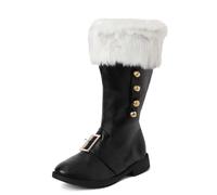 Festive Santa Combat Boots for Women with Plush Cuff & Ankle Bells, Wide Calf Christmas & Halloween Cosplay Footwear, Fun Santa Dress Up Accessory Black