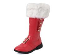 Festive Santa Combat Boots for Women with Plush Cuff & Ankle Bells, Wide Calf Christmas & Halloween Cosplay Footwear, Fun Santa Dress Up Accessory Red