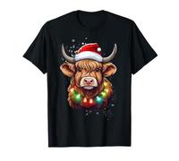 Festive Scottish Highland Cow Santa Hat Christmas Lights T-Shirt