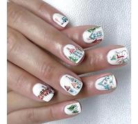 Festive Set Of 24 White Artificial Nails With Snowflake Snowman Patterns Red Blue Glitters Design Easy Wear Glitterys Christmas Press On Nail