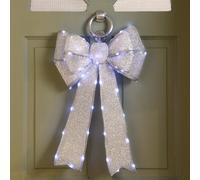 Festive Silver Battery Operated Christmas Door Bow With 84 Warm White Leds