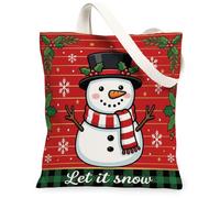 Festive Snow Man Winter Holiday Quote Christmas Canvas Tote Bag 13x15 Inch | Striped Scarf, Holly Leaves, White Snowflakes, Top Hat, Winter Theme, Festive Red Background