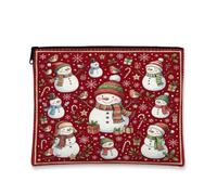 Festive Snow Man Winter Holiday Theme Christmas Makeup Bag 7x9 Inch | Winter Robin Pattern, Cosmetic Bag, Holiday Gift Boxes, Festive Red Background, Traditional Seasonal Motifs