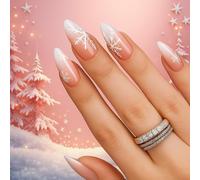 Festive Snowflake Press on Nails Short Almond Stiletto False Nails for Women - Winter Holiday Christmas Art Design Glossy French Tip Stick on 24Pcs Gifts Long Gothic Charms