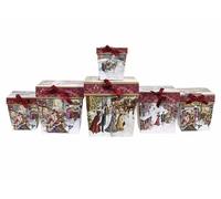 Festive Snowy village scene design red square gift boxes