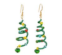 Festive Spiral Christmas Tree Earrings - Jingle Bell Dangle Drop with Colourful Beads, Hypoallergenic Stainless Steel Hooks, Lightweight Xmas Holiday Jewellery Gift for Women (Green)