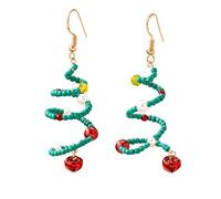 Festive Spiral Christmas Tree Earrings - Jingle Bell Dangle Drop with Colourful Beads, Hypoallergenic Stainless Steel Hooks, Lightweight Xmas Holiday Jewellery Gift for Women (Blue)