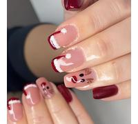 Festive Square Christmas Reindeer Santa ' s Hat French Tip Glitterring Manicure Decoration 24Pcs False Nails