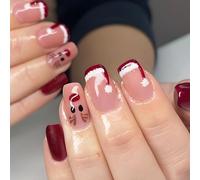 Festive Square Press On Nails Christmas Reindeer Santa's Hat French Tip Glitterring Manicure Decoration 24Pcs Full Cover