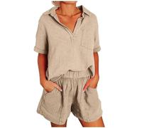 Festive Suit Set Women Solid Cotton Linen V Tie Casual Two Piece Jogging Suit Set, khaki, M