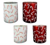 Festive Tea Light Holders Set of 4 Modern Tea Light Glasses - Christmas Glass Lanterns in Red and White with Playful Candy Cane Decoration - Atmospheric Table Decoration Christmas