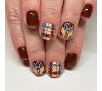 Festive Turkey Pattern Checkered Artificial Nails Short Square Press on ABS Easy Apply Thanksgiving Theme Cover