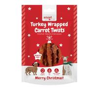 Festive Turkey Wrapped Carrot Sticks Dog Treats - Pack of 10 Low Fat Chews, 11cm Each - Improves Dental Hygiene, Easily Digestible, Healthy Christmas Reward Snacks for Dogs