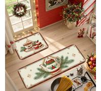 Festive Winter Teapot and Treats Christmas Kitchen Rugs Sets of 2 | Pine Tree Branch, Kitchen Sink Rug, Ginger Bread Biscuit , Hot Cocoa Motif, Winter Kitchen Decor, Seasonal Home Accents