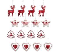 FestiveGlow 16x Red & White Wooden Christmas Tree Baubles - Nordic Rustic Hanging Ornaments for Holiday Home Decor & Festive Pendants