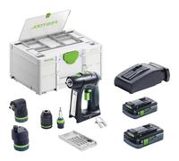 Festool Cordless Drill C 18 HPC 4.0 I Set (with Battery Packs, Quick Charger, Tool Chuck, Keyless Drill Chuck, Angle Attachment, Eccentric Attachment, Bit Cassette, Bit, Belt Clip), in Systainer