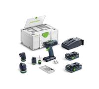 Festool Cordless Drill T 18+3 HPC 4.0 I Set (with Battery Packs, Quick Charger, Tool Chuck, Keyless Drill Chuck, Angle Attachment, Eccentric Attachment, Bit Cassette, Bit PZ, Belt Clip), in Systainer
