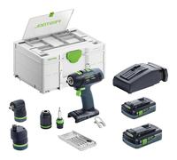 Festool Cordless Drill T 18+3 HPC 4.0 I Set (with Battery Packs, Quick Charger, Tool Chuck, Keyless Drill Chuck, Angle Attachment, Eccentric Attachment, Bit Cassette, Bit PZ, Belt Clip), in Systainer