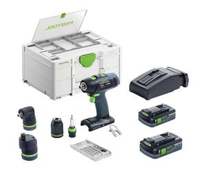 Festool Cordless Drill T 18+3 HPC 4.0 I Set (with Battery Packs, Quick Charger, Tool Chuck, Keyless Drill Chuck, Angle Attachment, Eccentric Attachment, Bit Cassette, Bit PZ, Belt Clip), in Systainer