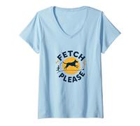 Fetch Please Dog Walk Playful Retro Pet Lover V-Neck T-Shirt, Women, Baby Blue, XXL