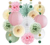 FETETIJD Sage Green and Pink Party Decoration Paper Lanterns, Pom Poms, Fans, Circle Dots Garland for Women, Girls Birthday, Engagement, Baby Shower