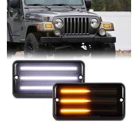 FetonAuto LED Sequential Front Turn Signal Lights White DRL for 1997-2006 Jeep Wrangler TJ, Smoked Lens Bumper Dynamic Amber Blinker Indicator Side Marker Lamps