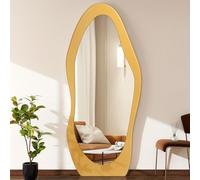 FEUFOAM Full Length Mirrors Wooden Full Body Mirror Golden Irregular Wavy Mirror 150 x 60cm Full Length Floor Mirrors for Cloakroom Bedroom Living Room