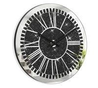 FEUFOAM Modern Wall Clock for Bedroom Silent Black Mirrored Round Wall Clocks with Sparkle Crystal Diamond 16x16 inch Decorative Mirrors for Wall Living Room Office AA Battery not Included