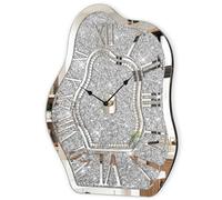 FEUFOAM Modern Wall Clock for Living Room Decor Silver Crystal Crush Diamond Mirrored Clocks Irregular Mirror Clock Unique Wall Decorative for Bedroom Kitchen Dining Room