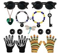Feuid Gniea Halloween Button Eyes Cosplay Accessories Set - 15PCS Coraline and Wybie Inspired Costume Kit with Skull Gloves, Key Necklace, Button Bracelets and Glasses Gifts for Women Men Fans