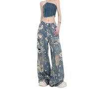 FEUSEUZ Women's Jeans, Women's Retro Floral Print with Holes, Loose Straight Leg Wide Leg Denim Pants, Y2K Jeans, Style 1, M