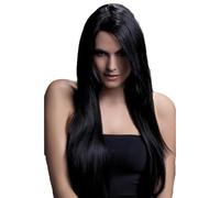 Fever Women's Long Straight Black Wig With Feathered Bangs, 28inch, One Size, - wig fever amber black 28inch71cm smiffys fancy dress