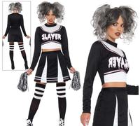 Fever Gothic Cheerleader Costume Ladies Halloween Fancy Dress + Pom Poms