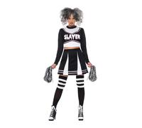 Smiffys Fever Gothic Cheerleader Costume, Black with Crop Top, Skirt & Pom Poms, Fever Fancy Dress, Halloween Dress Up Costumes