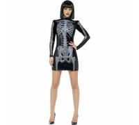 Smiffys Fever Miss Whiplash Skeleton Costume, Black with Printed Dress, Fever Fancy Dress, Skeleton Dress Up Costumes