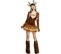 Smiffys Fever Reindeer Costume for Women, Brown Christmas Fancy Dress Outfit - Tutu Dress, Detachable Clear Straps, Matching Jacket & Bootcovers, Festive Parties & Holiday Events, Small