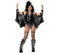 Smiffys Fever Rockstar Costume for Women, Small Sexy Black Vinyl Bodysuit with Studded Wing Sleeves - Glam Rock Fancy Dress for Festivals, Gigs, Stage Shows & Halloween