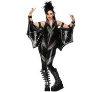 Smiffys Fever Rockstar Jumpsuit, Women's Black Faux Leather All-in-One Costume with Stud Details and Batwing Sleeves, Glam Rock Fancy Dress for Halloween, Concerts, 80s Parties, Festivals, X-Small