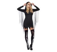 Smiffys Fever Sexy Reaper Costume, Black with Short Hooded Dress, Fever Fancy Dress, Halloween Dress Up Costumes