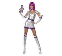 Smiffys Fever Space Cadet Costume, Silver Metallic with Dress, Belt, Arm Cuffs and Boot Cuffs, Fever Fancy Dress, Adult Dress Up Costumes