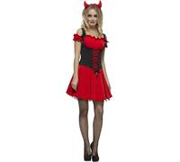 Smiffys Fever Wicked Devil Costume, Red with Dress, Attached Underskirt and Horns, Fever Fancy Dress, Devil Dress Up Costumes