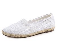 Feversole Close Toe Espadrilles Women's Comfort Breathable Slip On Flats Shoes White Knit Crochet Jute Size 3.5