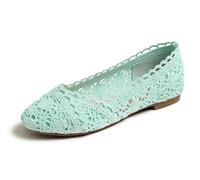Feversole Round Toe Lace Ballet Crochet Flats Women's Comfy Breathable Shoes Mint Green Knit Crochet 3.5 UK
