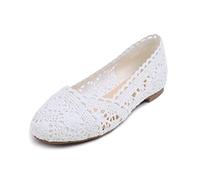 Feversole Round Toe Lace Ballet Crochet Flats Women's Comfy Breathable Shoes White Flower Print Knit Crochet 4.5 UK