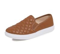 Feversole Women's Casual Slip On Quilted Sneaker Comfort Cupsole Loafer Flats Camel Blue Vegan Leather Quilted Size 5.5