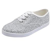 Feversole Women's Casual Trainer Ladies Sneakers Colorful Lace-Up Fashion Trainer Ice Silver Glitter Size 3.5
